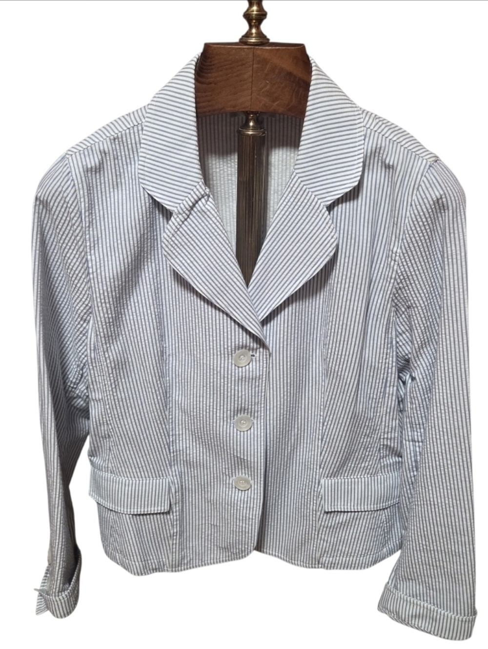 Talbots Seersucker Blue & White Striped Cotton Lightweight Blazer Size 14
